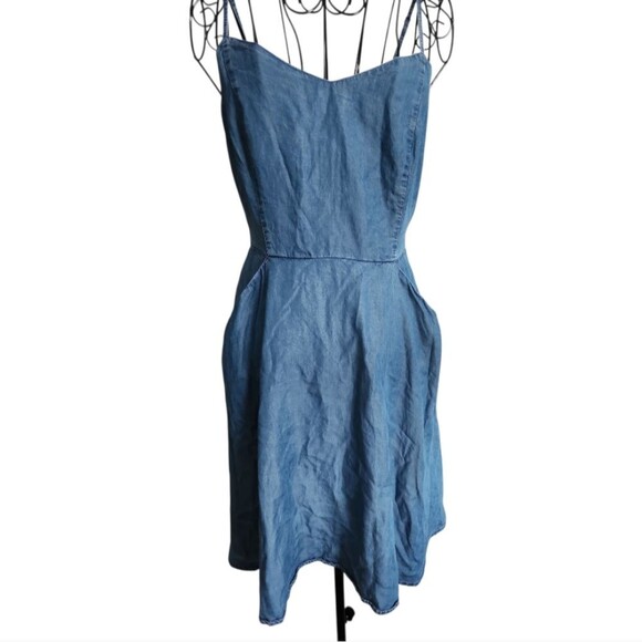 LC Lauren Conrad Chambray Denim Sundress Sz Small Spaghetti Strap Open Back Fit - Picture 2 of 8